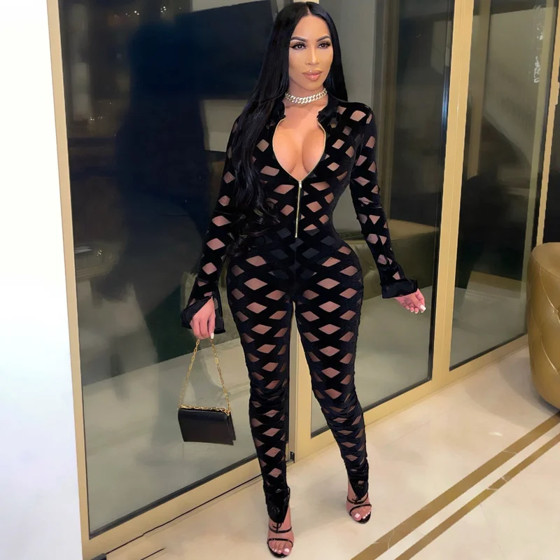 

WUHE Full Sleeve V-neck Mesh Hollow Out Stretchy Pencil Jumpsuits Fashion Women Sexy Jumpsuit Clubwear One Piece Overalls