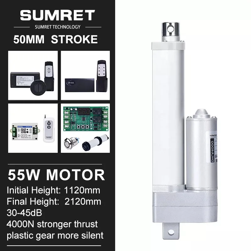 

50mm Stroke Electric Linear Actuators Kit With RF Motor Controller 433hz Remote DC12V 24V 4000N Silent Low Noise