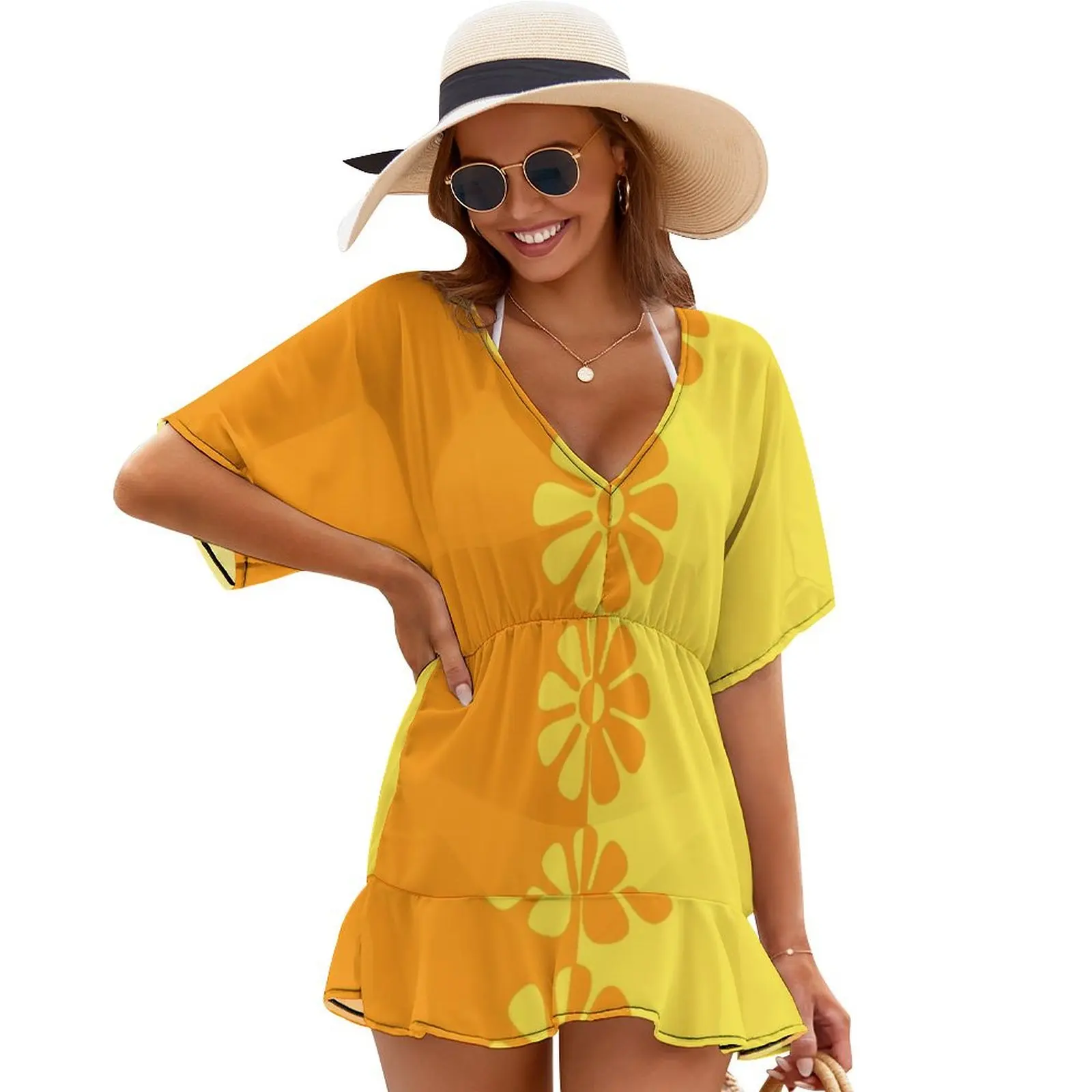 

60's Bold Retro Mod Flowers in Orange and Yellow Cover Ups elegant dress summer dress woman 2024