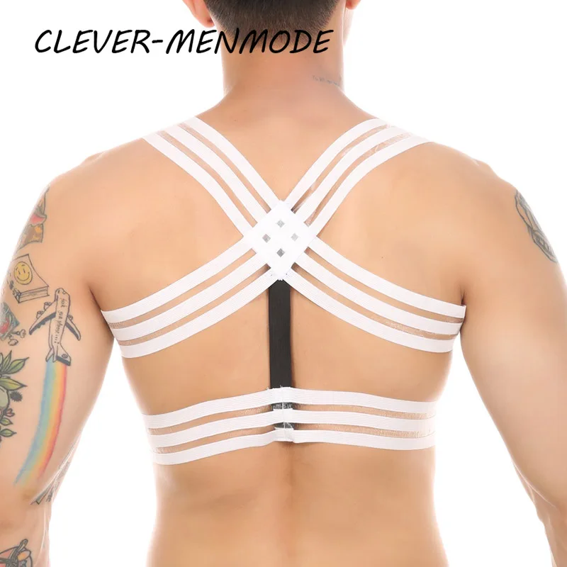 Black White Men Elastic Shoulder Harness Strap Sexy Fetish Halter Neck Body Chest Stage Performance Clubwear Hollow Out Bondage