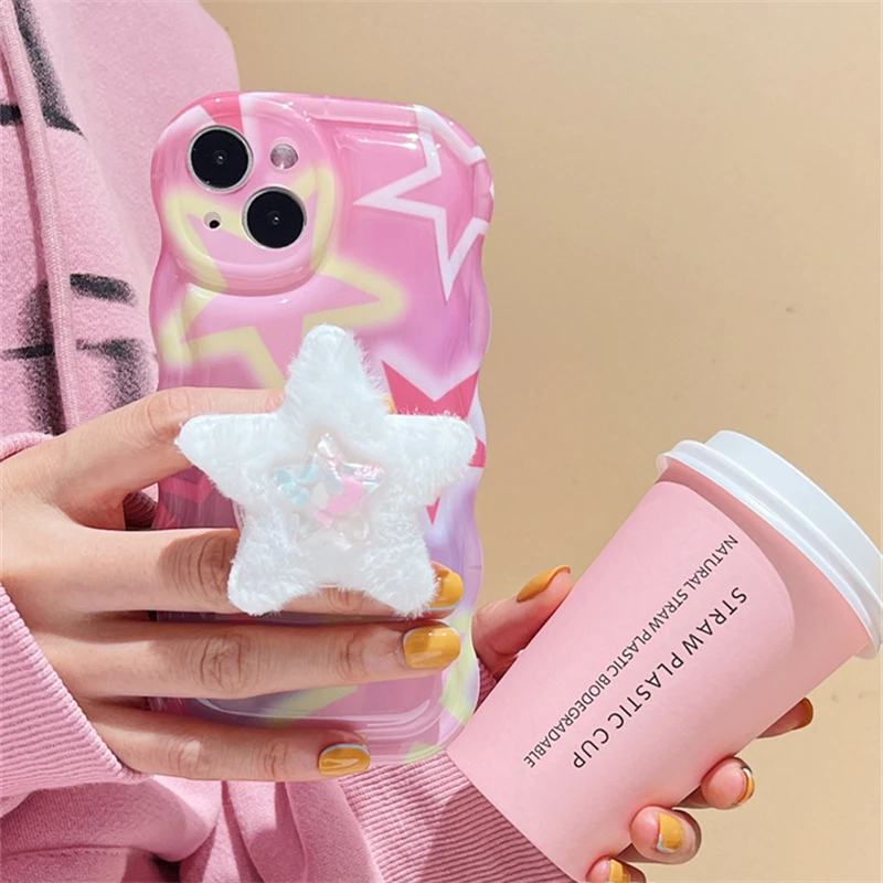 Cute Pink Plush Star Stand Bracket Phone Case For iPhone 14 13 12 11