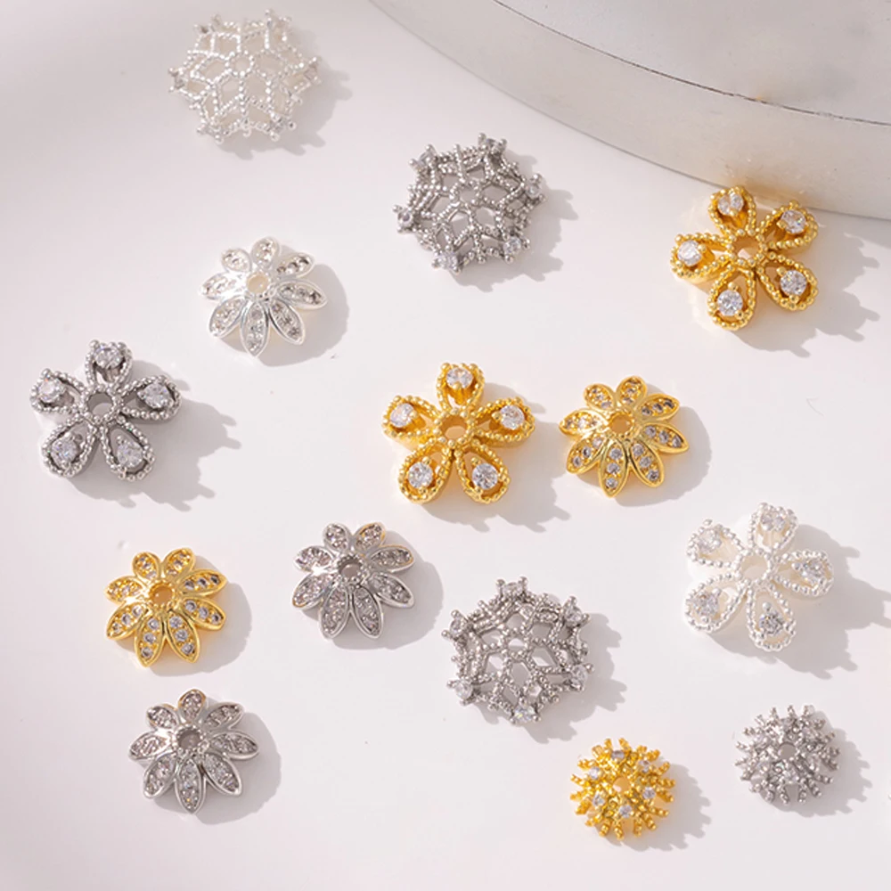5 Stück 18K vergoldete Zirkon filigrane Blumenperlen Endkappen Abstandshalter Messing Charm für Ohrringe Armbänder Halskette Schmuck DIY Herstellung – Detail 4