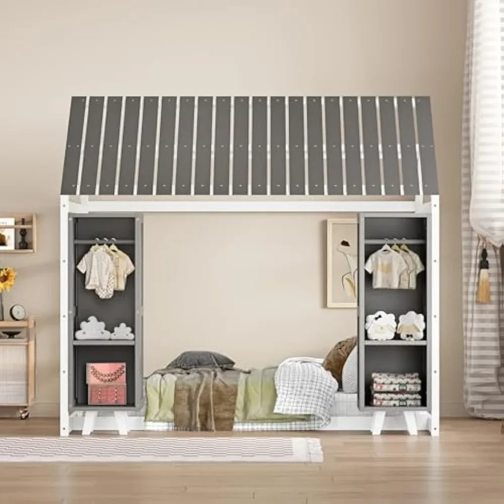 Wooden Twin Size House Bed for Kids,Includes Two Movable Wardrobes,Children Beds Features Cozy Fence and Roof 2