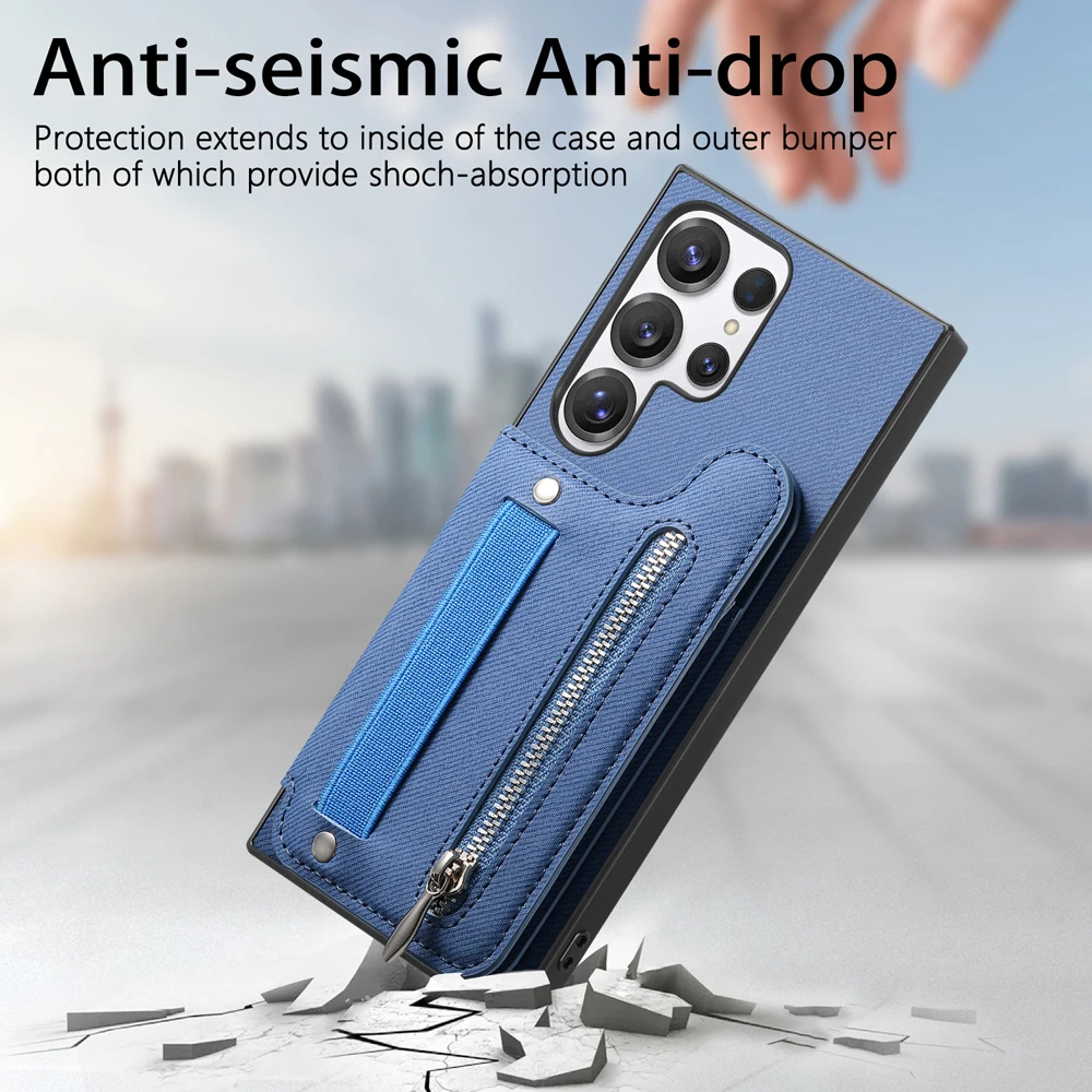 Zipper Card Slot Leather Wallet Case with Elastic Wrist Strap