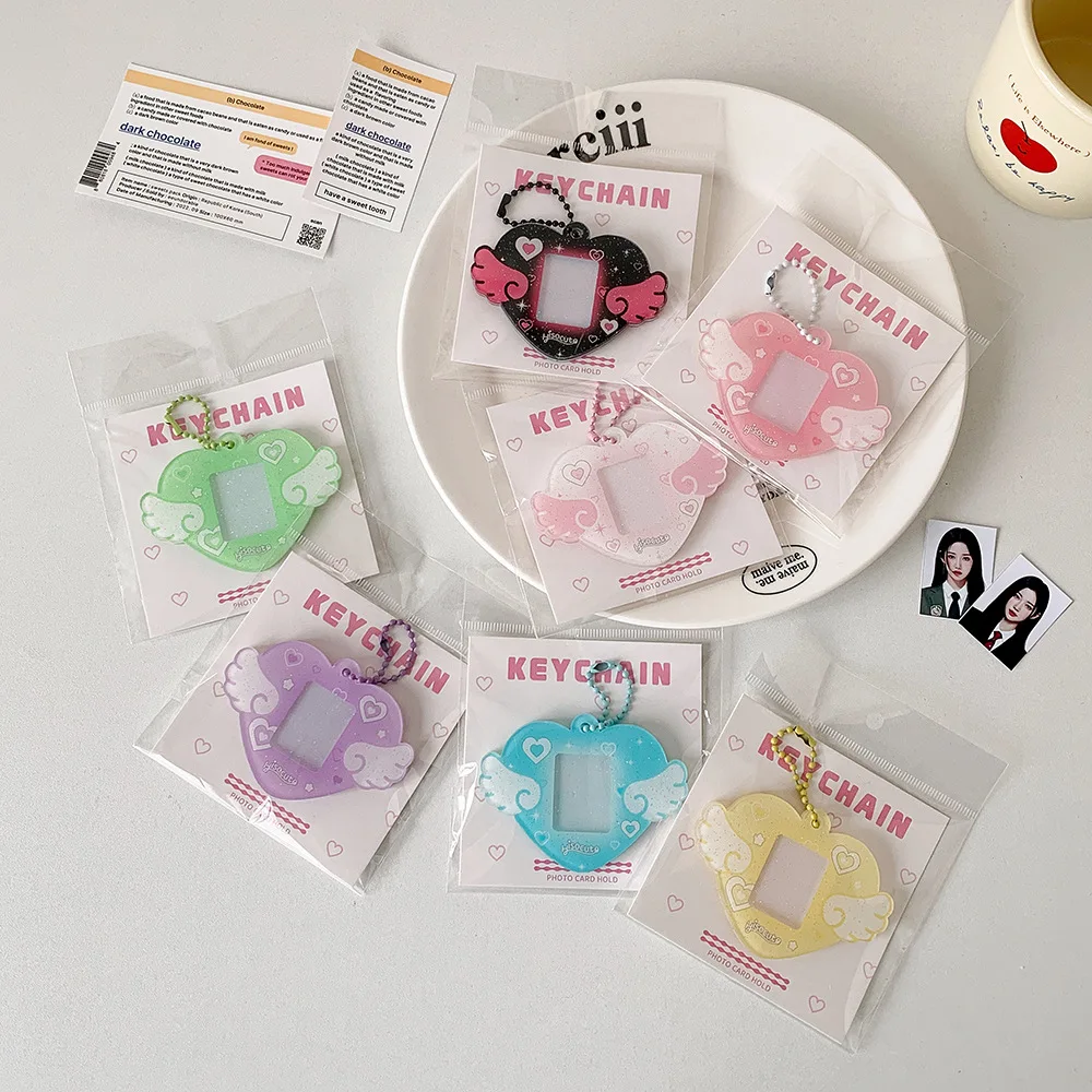 INS Style Korean Style Heart Wings Hard Card Folder Brick Acrylic For 1 inch ID Photo Storage Display Pendant Keychain Ornaments