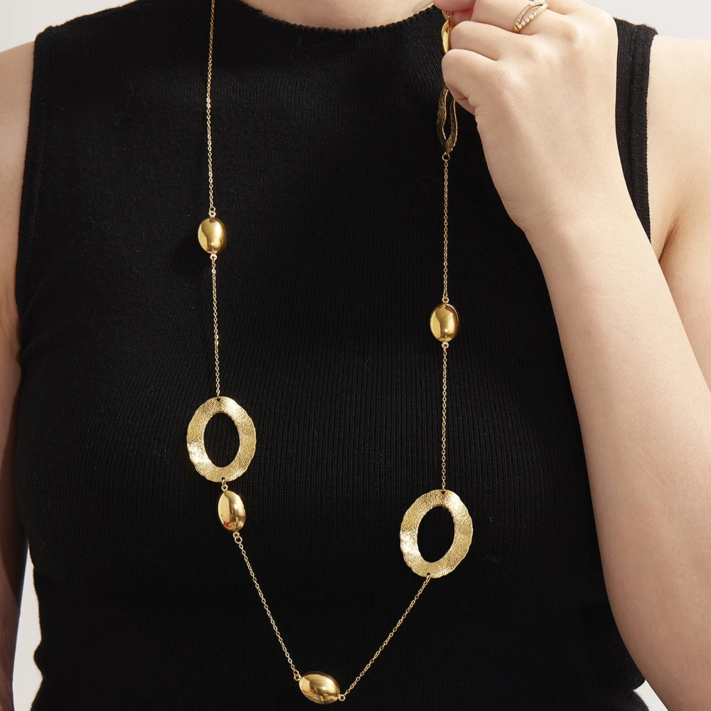 Lange Halskette aus vergoldetem 316-Edelstahl für Damen, 103 cm, goldene Kette, ovaler Anhänger, Schichtungsketten, Luxusschmuck – Detail 5