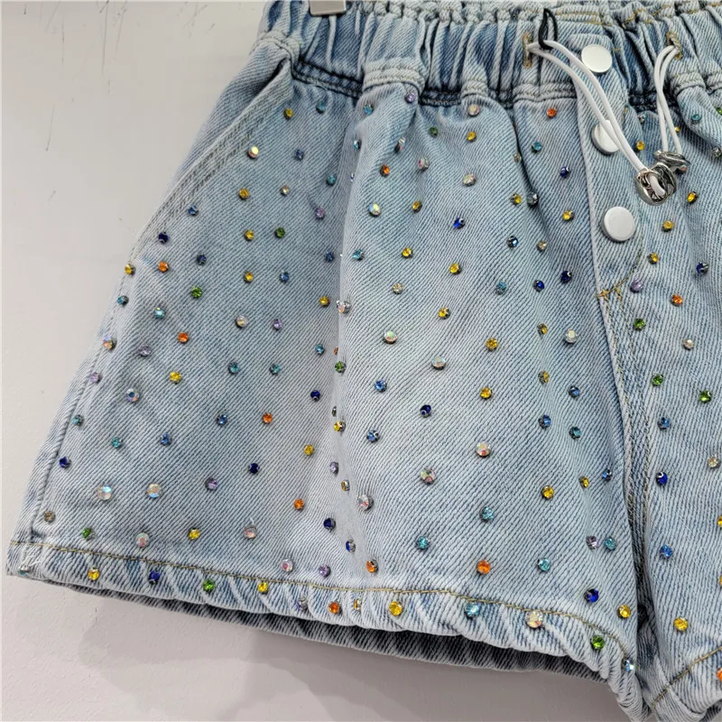 2023 New Spring Summer Full Body Colorful Diamond High Waist Denim Shorts Women Loose Slimming Wide Leg Shorts Femme Short Jeans