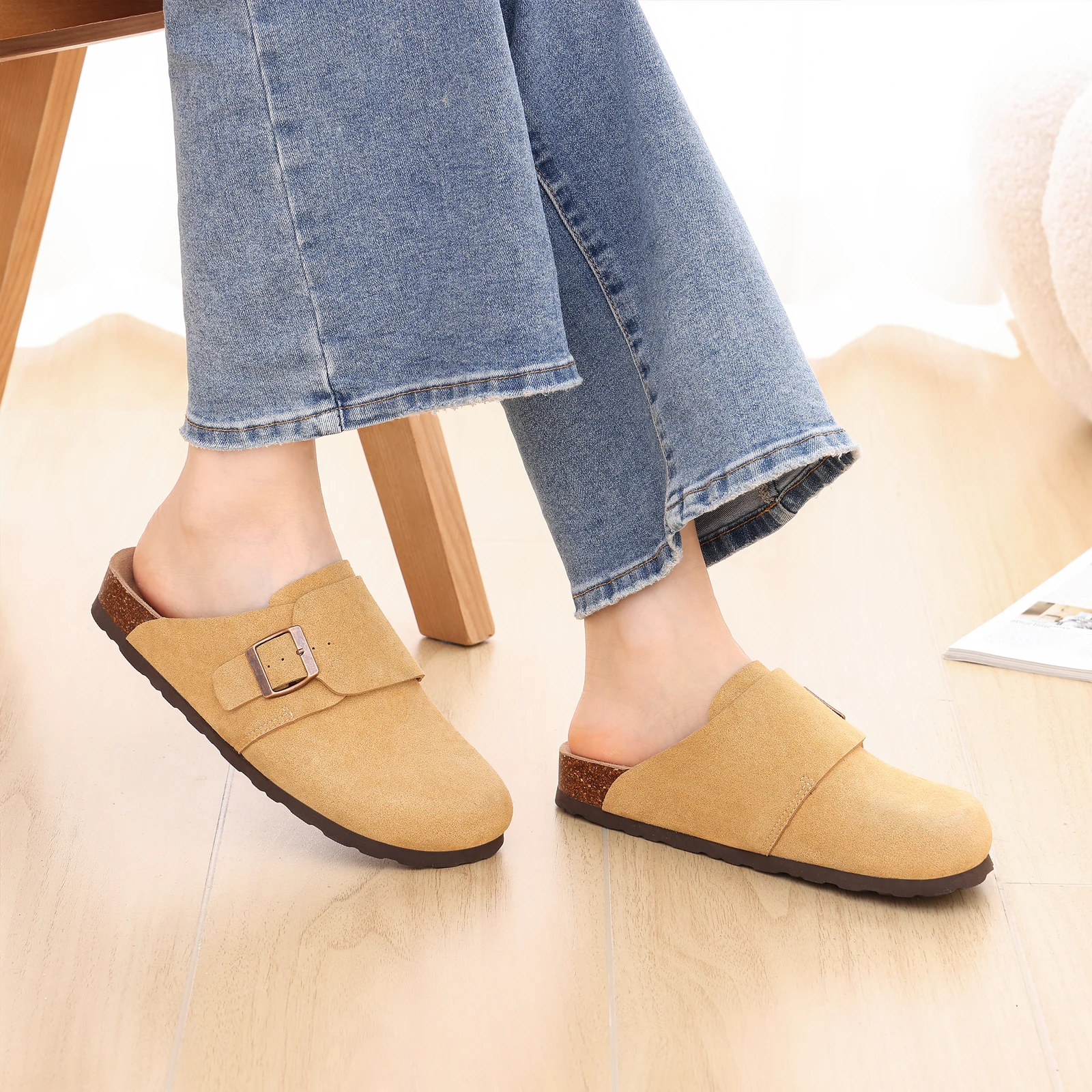 Comwarm Anti-Rutsch-Clogs für Damen, dicke Sohle, Mules mit Fußgewölbestütze, Komfortsohle, Kork-Clogs mit verstellbarer Schnalle – Detail 5