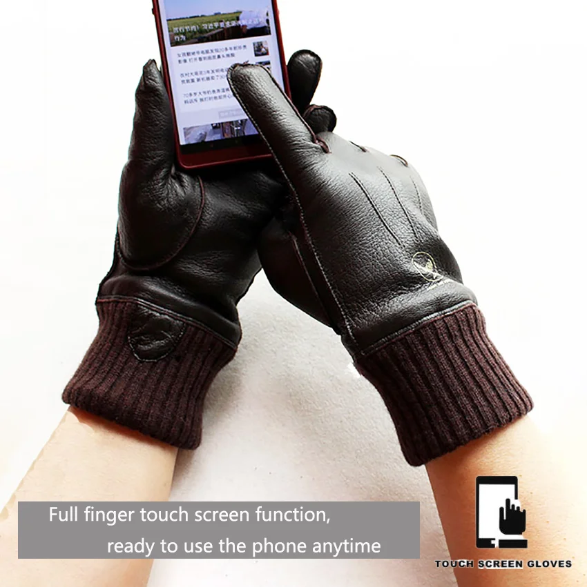 Men's Deer Skin Gloves Touch Screen Leather Thickened Winter Warm Ribbed Sleeves Aviation Motorcycle Riding Gloves