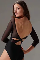 Women's Black Gymnastics Leotards Long Sleeve Patchwork Mesh Bodysuits Adult Ballerina Dance Kink Costumes - Image 2