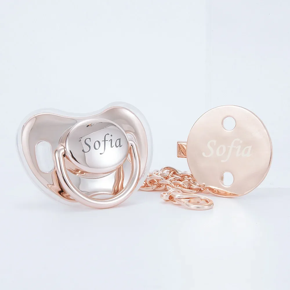MIYOCAR personalized bling golden rose red pacifier and pacifier clip dummy BPA free gift for new born baby shower silicone pacifier