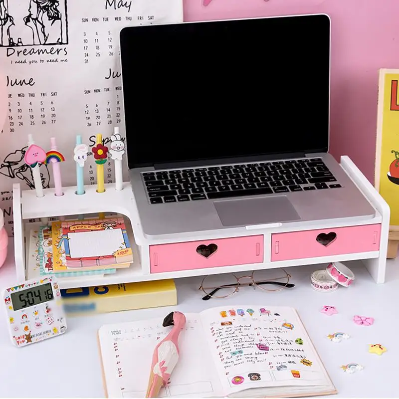 Blue Pink Monitor Laptop Stand Monitor Support Computer Stand PVC Wood Monitor Riser Desktop Shelf 3 Drawers Screen Riser Holder