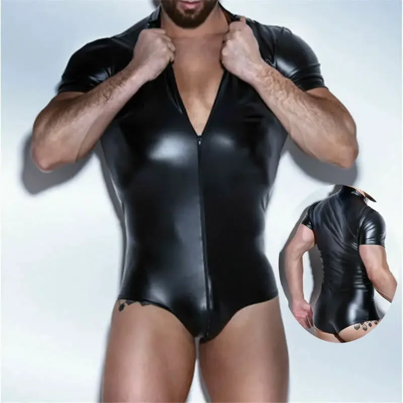 Men Bodysuit Latex Leather Short Sleeve Catsuits PU Leather Zipper Lingerie One Piece Underwear