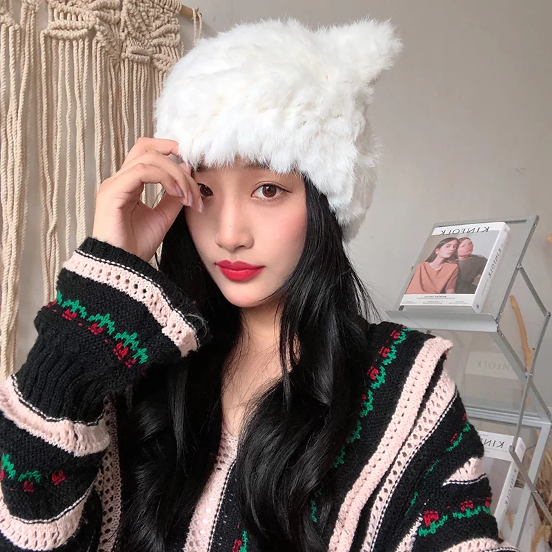 Mädchen Winter warme Mützen flauschige Strick Kaninchenfell Ohrmütze Mode süße schwarze Kawaii Mütze – Detail 6