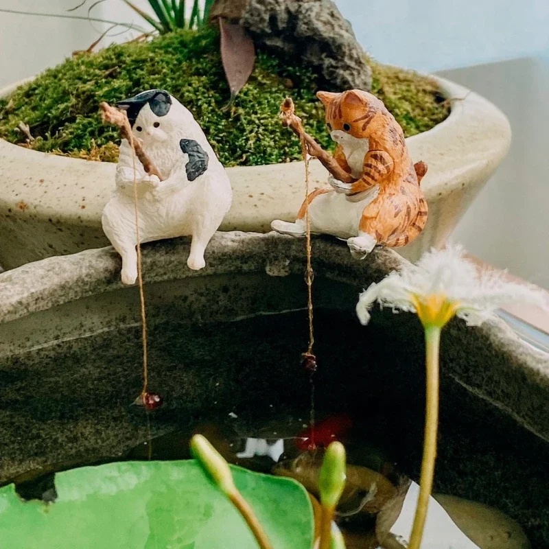 Cat Figurine Decoration Cute Fishing Cat Fishbowl Fishing Figure Fisherman Figurine Cat Rod Seals Figures Decoration Interior Accessories