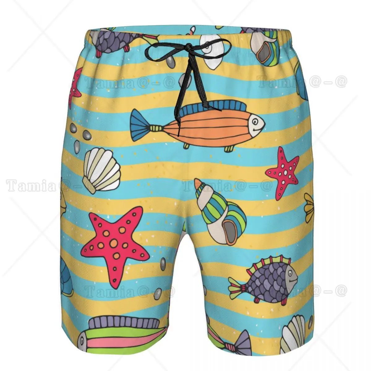 

Mens Swimwear Swim Short Trunk Sea Wavy Sand With Scattered Shells Starfish Fish Beach Board Shorts Swimming Surffing shorts