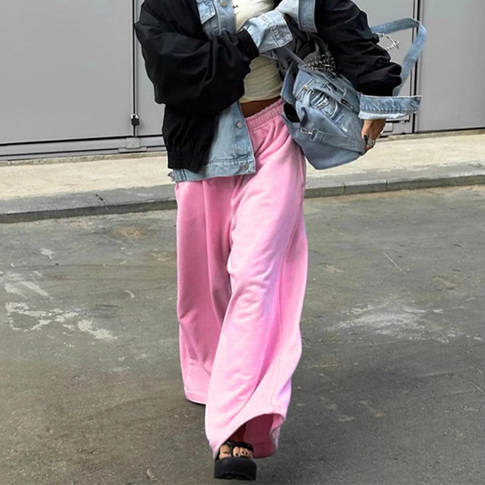 

Casual Women's Baggy Pants Pink Hight Waist Elastic Waistband Cargo Pants Jogger Pants with Pockets