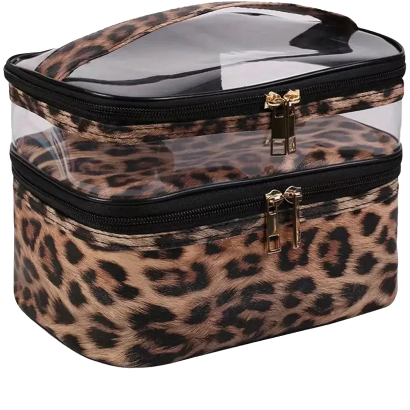 Leopard print PVC Transparent Double-Layer Makeup Bag Large Capacity Waterproof Toiletry Bag Portable Cosmetic Storage Bag 6