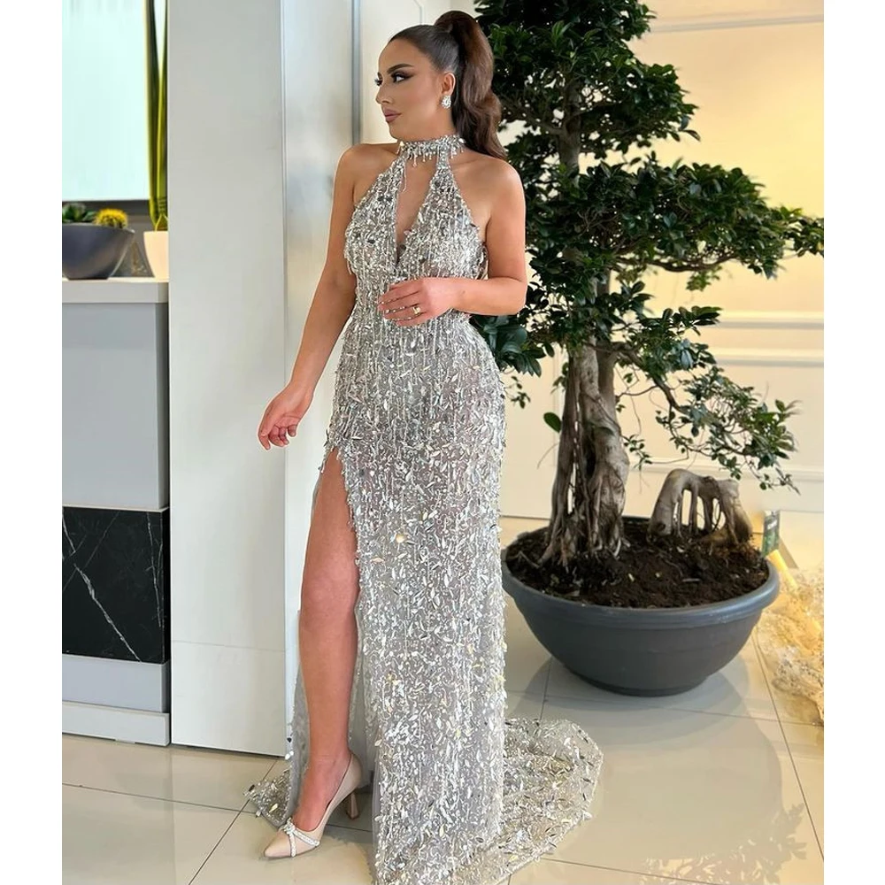 

Mermaid Evening Dresses Long V-Neck Tulle Diamonds Sleeveless Formal Gown Pageant Competition Vestidos