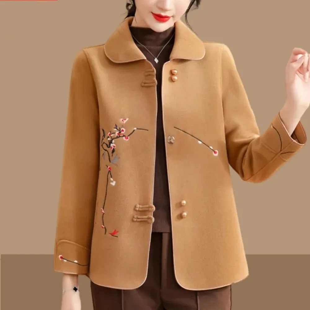 

Autumn Winter New High Quality Embroidery Double-Sided Cashmere Woolen Jacket Women Short Korean Be All-Match Wool Outwear Lady