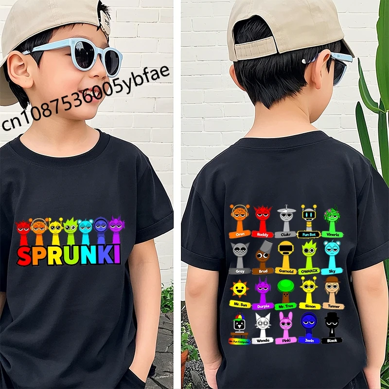 Cartoon Sprunki character printed kids T-shirt pure cotton short-sleeved black cartoon top for boys 2