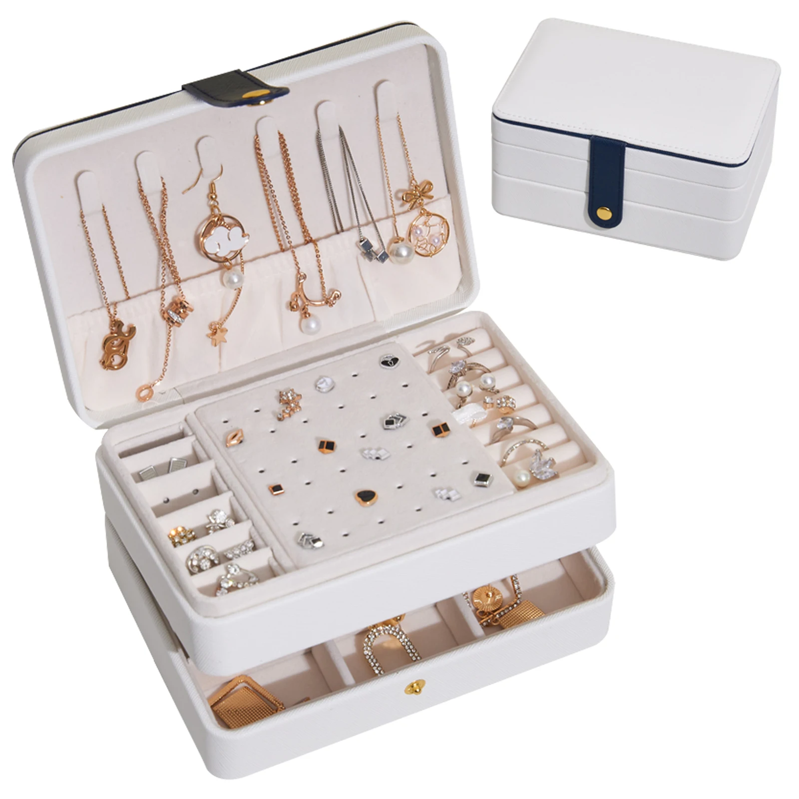 Large Jewelry Storage Box Multi Functional Two Layer Leather Drawer Jewelry Organizing Box Earrings Earrings Lock Jewelry Box