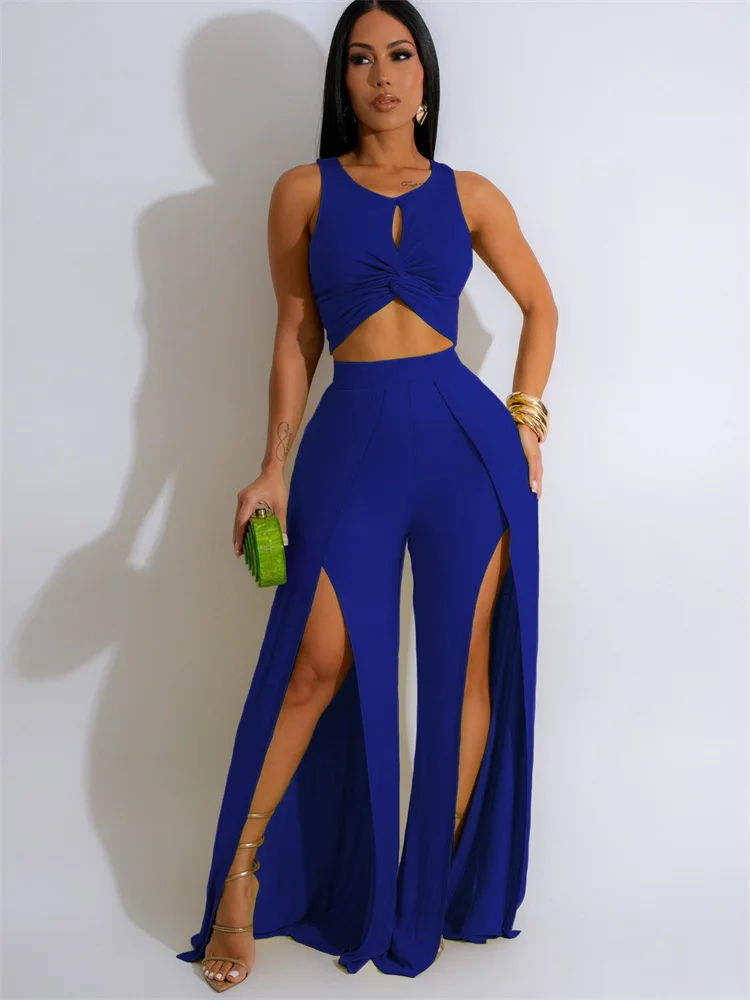 Wmstar Women 2 Piece Set Outfit Fashionable Sleeveless White Casual Suit with Split Vest Wide Leg Pants Wholesale Dropshipping