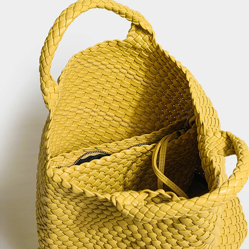 MABULA Large Leather Woven Tote Shopper Handbag Set Handmade Casual Bucket Top Handle Purse with Clutch Wallet Simple Stylish