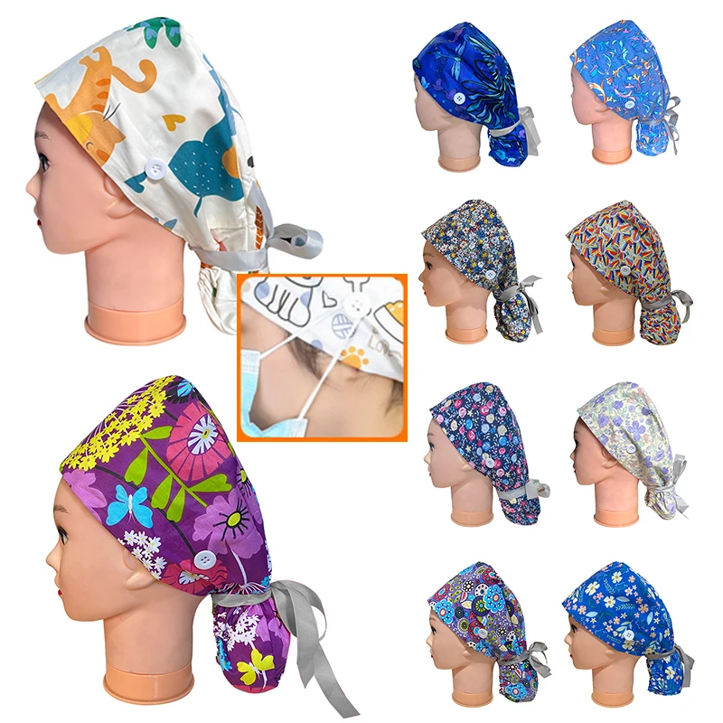 

Printed Surgical Cap Scrub Cotton With Button Doctor Wrap Long Hair Adjustable Lace-up Women Beauty Care Hospital Accessories