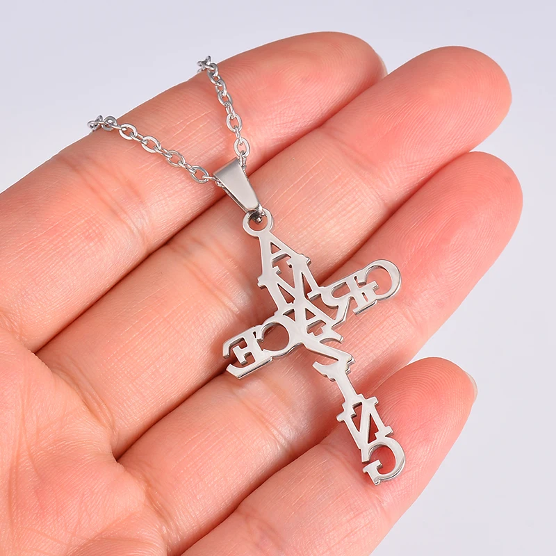 Dropshipping Stainless Steel Amazing Grace Cross Necklace Religion Jesus Fashion Pendants For Women Men Best Friend Gift Jewelry 4