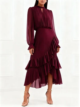 Elegant Ruffle Long Sleeve Dress for Women Chic Spring Summer Layered A Line Dress Lady Pleated Verstidos Prom Party Gowns 1