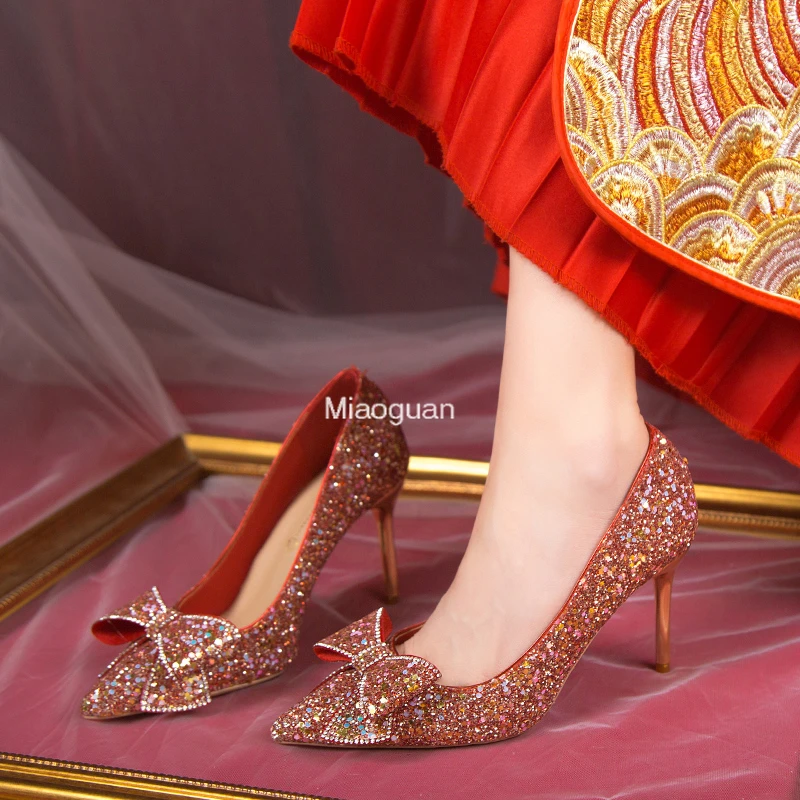 US$55.10-Bling High Heels Pumps Woman Elegant Crystal Strap Square Heels  Wedding Shoes Women Shining Pointed Toe Clear Heel Sanda-Description