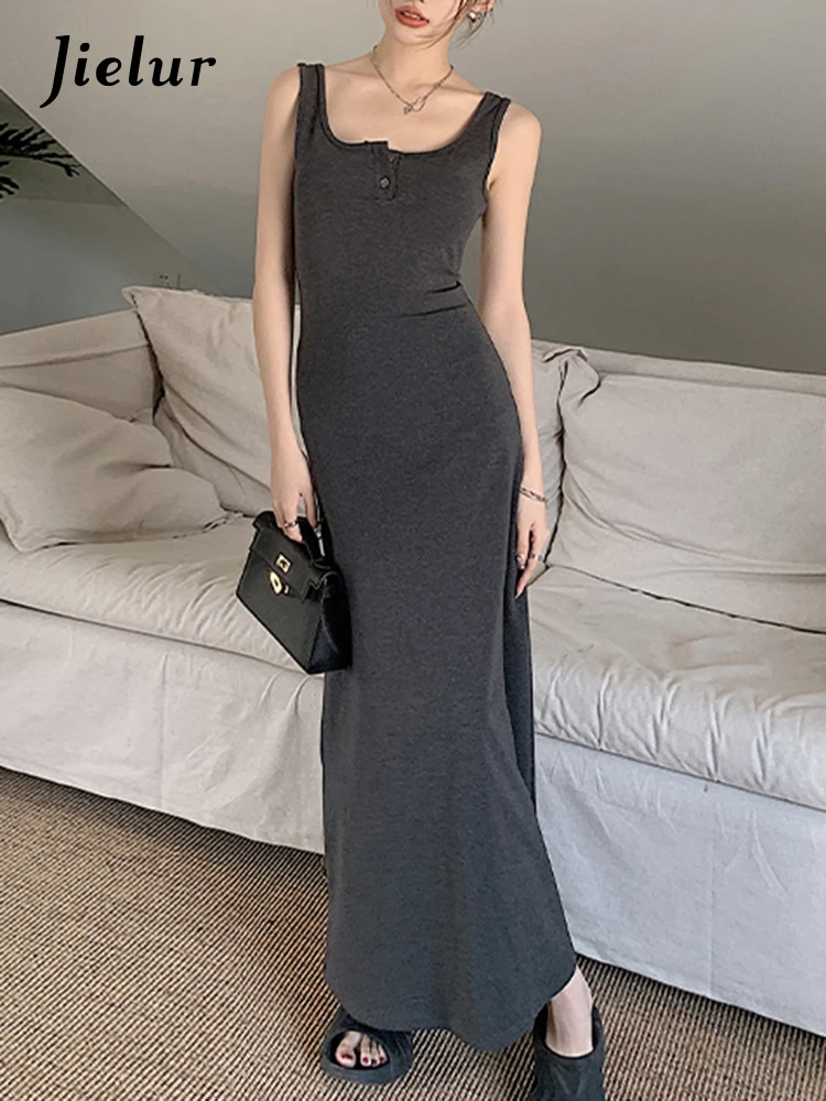 

Jielur Summer Pure Color Slim Sleeveless Dress Chic Button Medium Stretch Square Neck Women's Dresses Simple Casual Office Lady