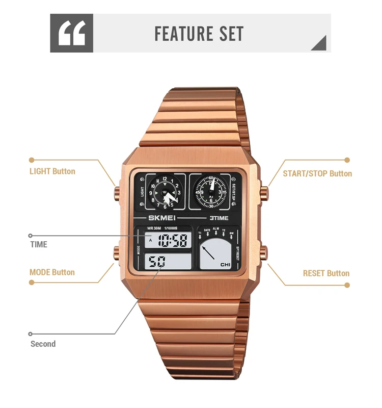 SKMEI Digital Watch Waterproof Digital StainlessSteel Thermometer Sports Watch Men's Leisure Business Electronic Watch Clock LED 5