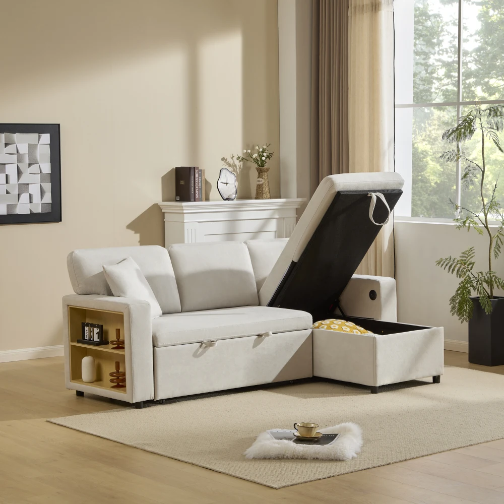 Multifunktionales L-förmiges, umwandelbares Eckschlafsofa – gepolsterte Couch mit Stauraum unter dem Bett und integrierten Seitenregalen, Gästebett – Detail 8