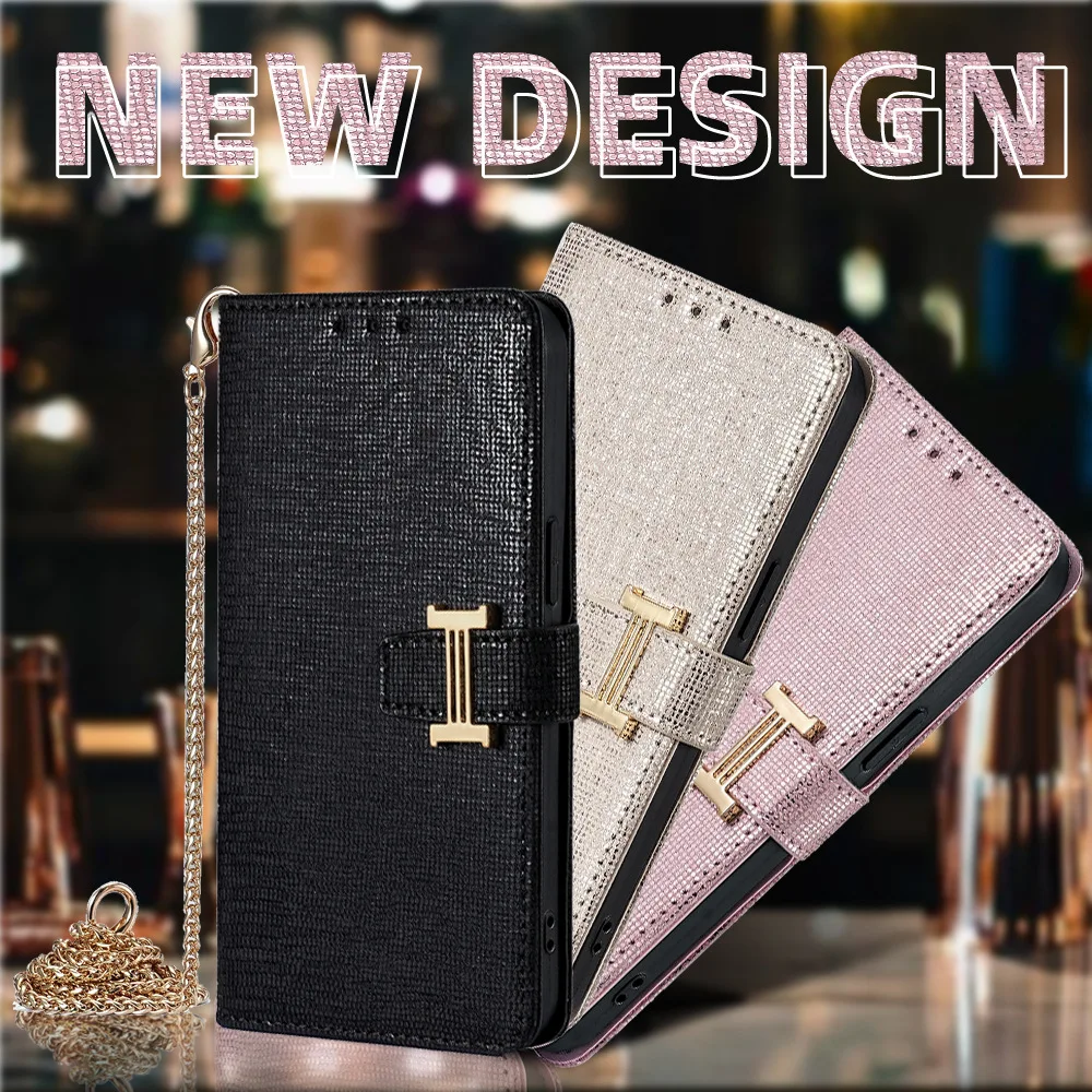 Luxurious Crossbody Leather Wallet Flip Case with Metal Shoulder Strap