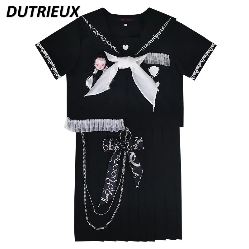 Summer Hot Girl JK Uniform Short Sleeve Black Top Sweet Sailor Suit and High Waist Pleated Skirt 2 Piece Sets Womens Outfits