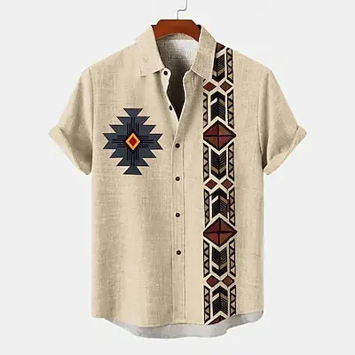 Bamboo Linen Retro Ethnic Totem Print Men's Short Sleeve Shirt Hawaiian Casual Loose Lapel Men's Tops