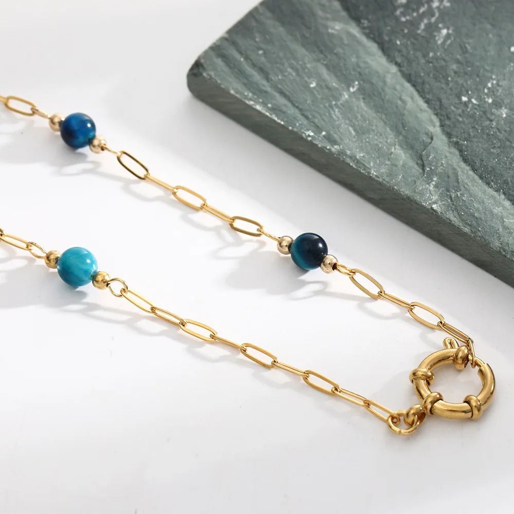 

No Fading 18K Real Gold Retro Natural Stone Pendant Necklace For Women Fashionable Stainless Steel Clavicle Chain Jewelry