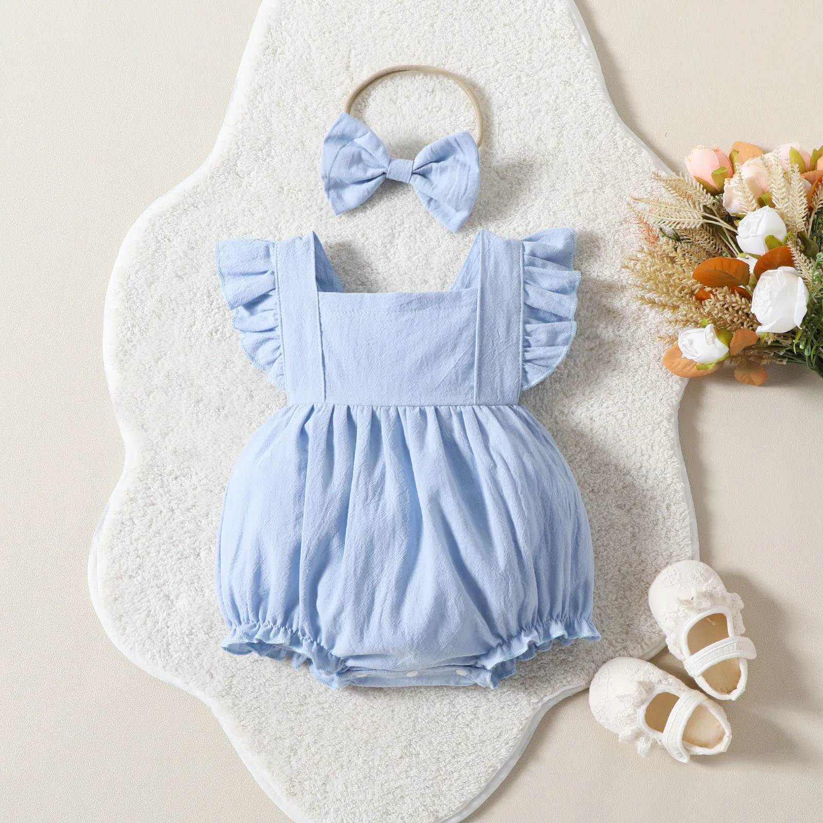 

2pcs Lovely Baby Girls Romper 12M 18M Ruffles Fly Sleeve Square Neck Frill Trim Solid Color Jumpsuits+Bow Headband Baby Clothes