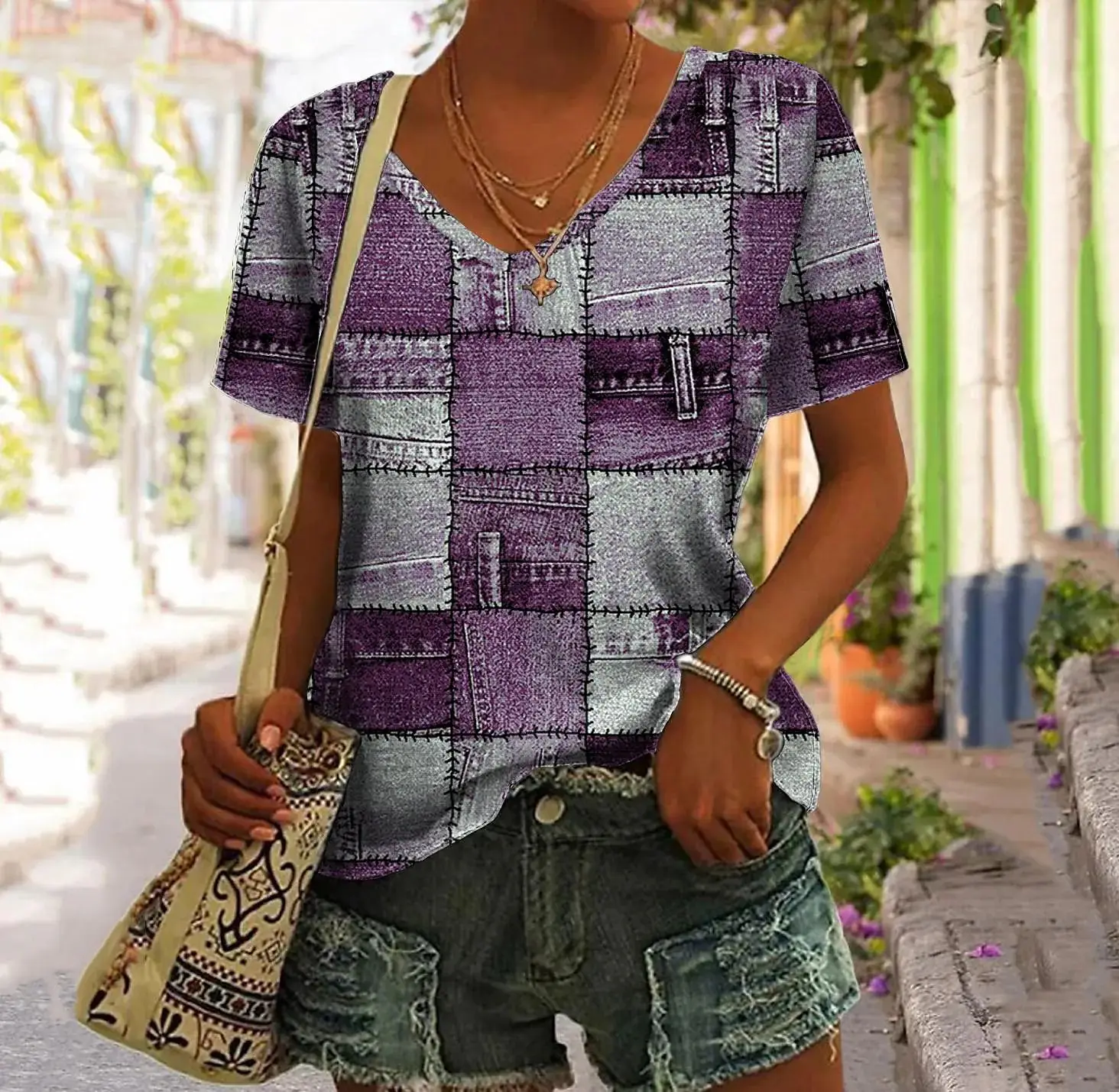 Vintage Patchwork Women's T Shirt Plaid Print Tops Ladies Clothing V-neck Harajuku Pullover Summer Oversized Short Sleeve Tees