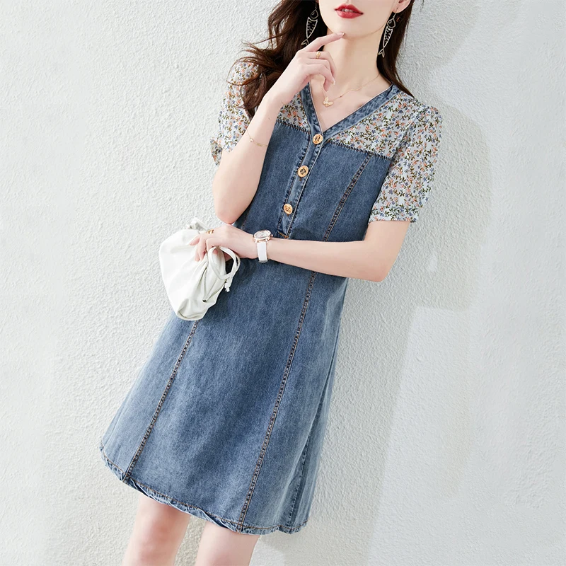 

French Simple Fashion Summer 2023 New All-match Sweet Waist Slimming Temperament Thin Splicing Fake Two-piece Floral Dress Z443