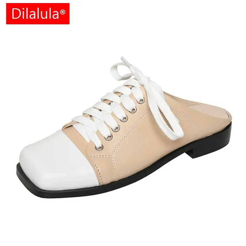 

Dilalula Students Casual Mules Women Sandals Square Toe Low Heels Genuine leather Slippers Cross-Tied Mixed Colors Shoes Woman