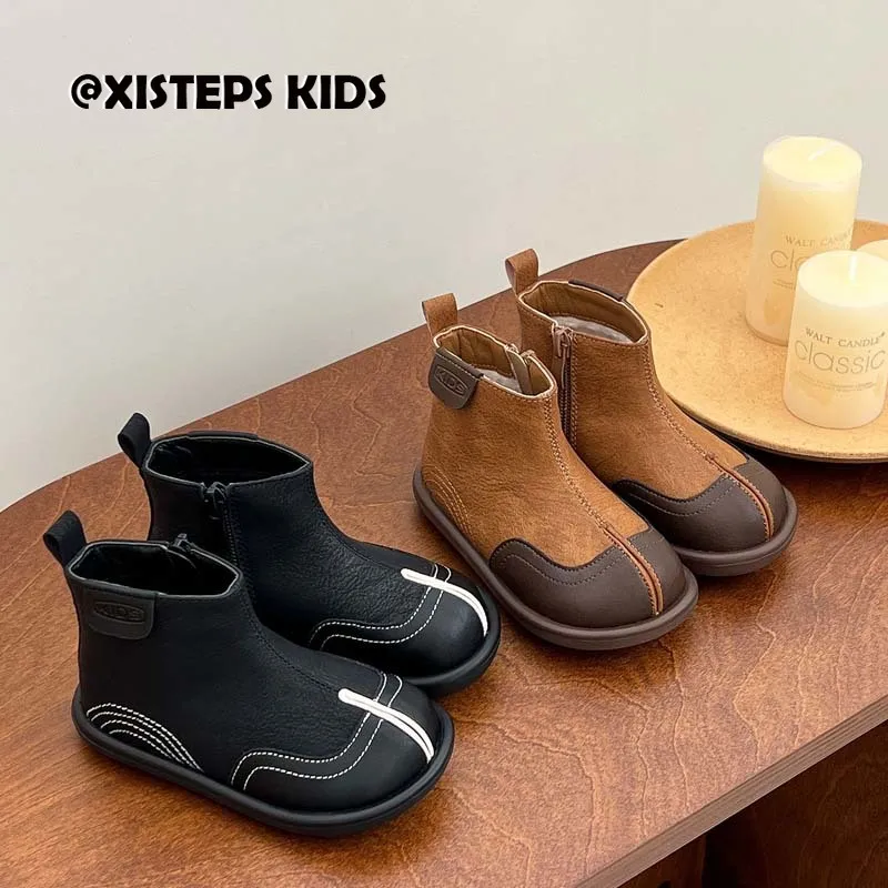 

1-7Y Toddler Girls Ankle Boots Autumn Winter New Warm Leather Boots Kids Boys Soft Sole Boots With Fleece Non-slip Baby Shoes