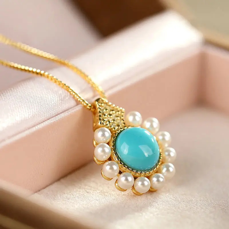 New Silver Inlaid Turquoise Pearl Pendant Necklace Chinese style
