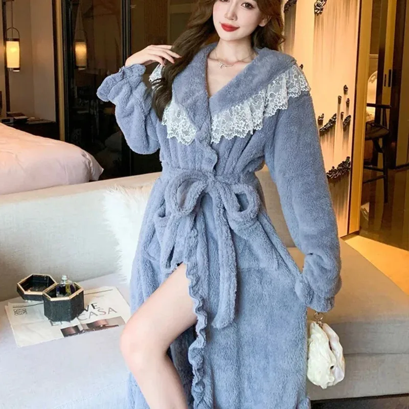 

Winter Bathrobes Women Flannel Fleece Long Sleeve Thick Warm Robes Kimono Lace Sleepwear Nightdress Bath Robe Nightwear Pajamas