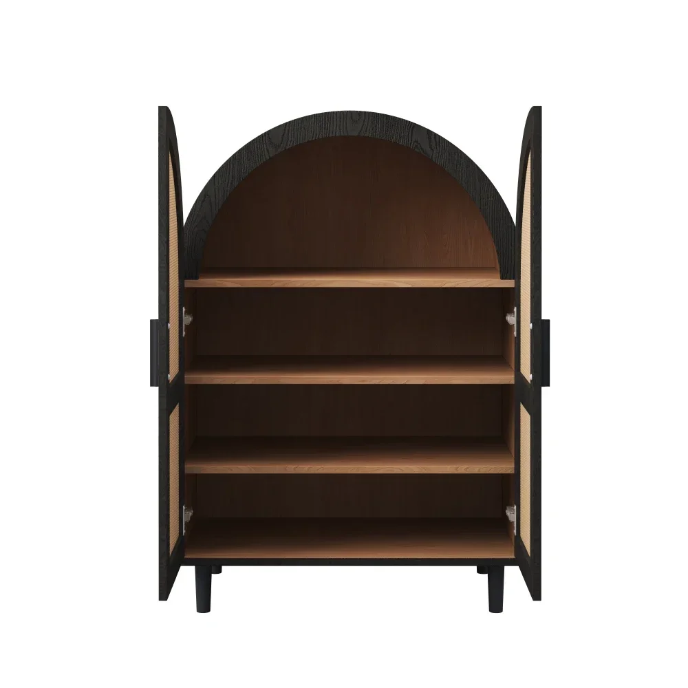 Modernes, elegantes Sideboard/Schuhschrank mit abgerundeten Außentüren, gebrochenen Rattantüren und drei Regalen, geeignet für das Wohnzimmer zu Hause – Detail 6