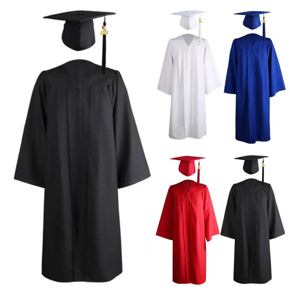 1 Set Graduation Gown Hat Tassel Zipper V Neck Loose High School Bachelor Academic Dress Student Supplies