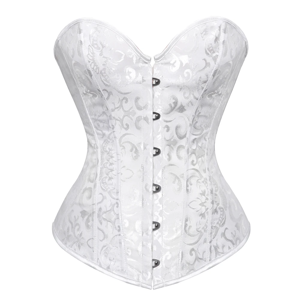 White Corset Top And Skirt Asymmetrical Set Women Sexy Satin Floral Burlesque Body Shaper Overbust Lingerie Bustier Plus Size
