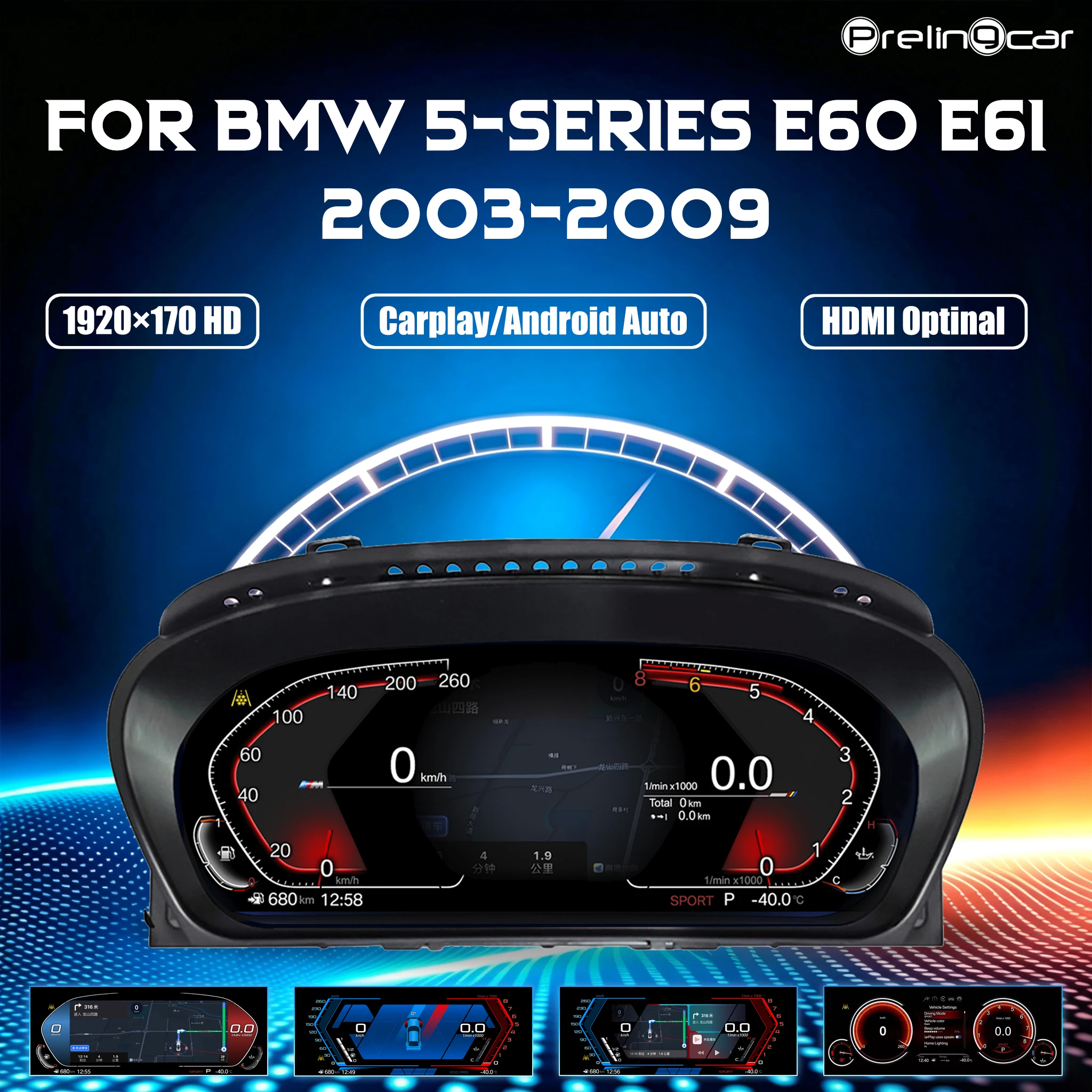 Panel de Instrumentos Digital LCD para BMW Serie 5 E60 E61 E63 E64 CIC CCC Años 2003-2009, Velocímetro Virtual con Función Carplay Inalámbrica 1